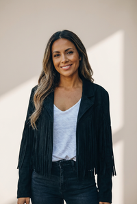 Women's Faux Suede Cropped Fringe Jacket with Lapel Collar made for easy styling and wardrobe coordination, with premium-like structure and finish.