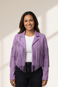 Women's Lavender Cropped Faux Suede Fringe Jacket with Lapels