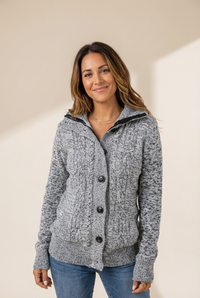 Women's Cozy Cable Knit Gray Hooded Sweater Coat