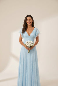 Women's Elegant Lace Evening Dress with Double V Neck and Ruffle Sleeves