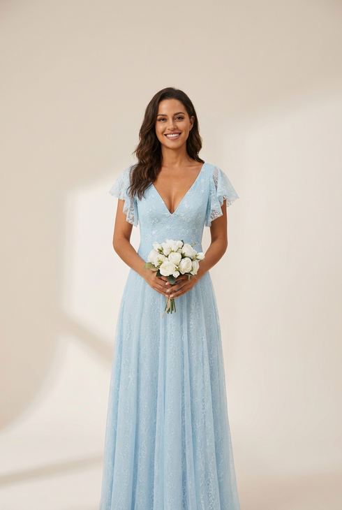 Women's Elegant Lace Evening Dress with Double V Neck and Ruffle Sleeves