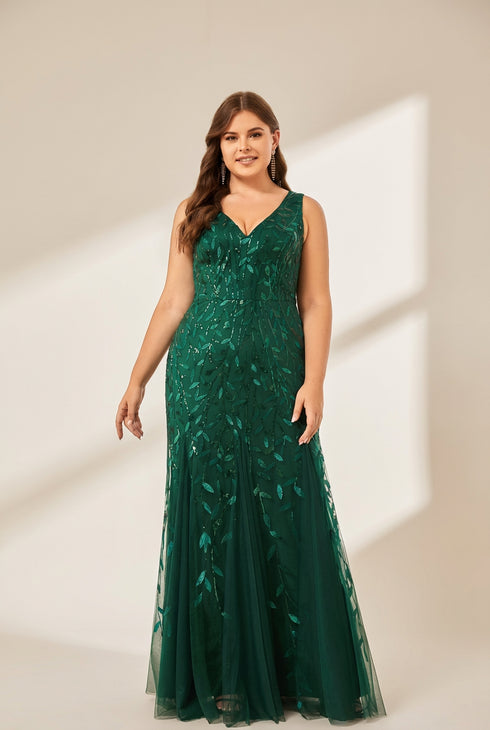 Women's Emerald Leaf Sequin Mermaid Plus Size Formal Gown