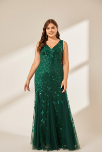Women's Emerald Leaf Sequin Mermaid Plus Size Formal Gown