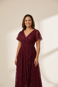 Women's Burgundy Lace A-Line Evening Gown with Flutter Sleeves