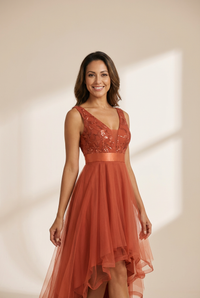 Women's Sequin Applique High-Low Tulle Evening Gown in Rust