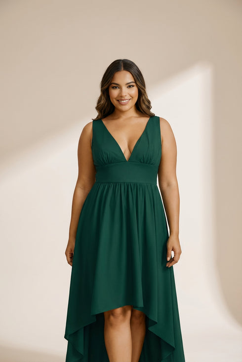 Women's Forest Green High-Low V-Neck Cocktail Dress