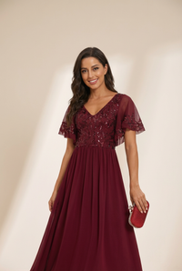 Women's Embellished Burgundy V-Neck Midi Mother of the Bride Dress