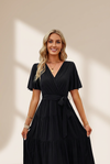 Women's Elegant Belted Tea Length Dress with Short Sleeves