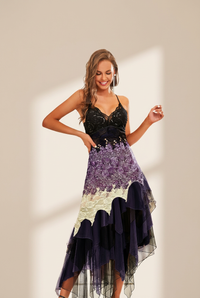 Women's Embroidered Lace Asymmetric Layered Evening Gown