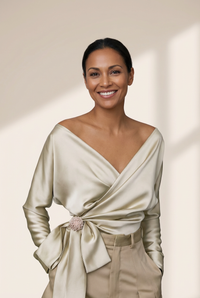 Women's Champagne Satin Wrap Blouse with Jeweled Brooch made for easy styling and wardrobe coordination, with premium-like structure and finish.