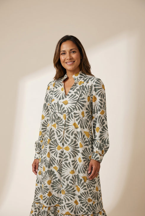 Elegant Women's Gray Abstract Floral Long Sleeve Dress - Versatile V-Neck Style for Casual and Formal Summer Events made for easy styling and wardrobe