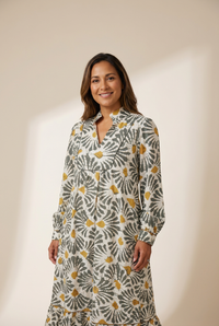 Elegant Women's Gray Abstract Floral Long Sleeve Dress - Versatile V-Neck Style for Casual and Formal Summer Events made for easy styling and wardrobe