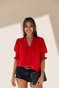 Fashionable Red Puff Sleeve Top with practical styling and dependable silhouette control.