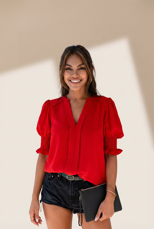 Fashionable Red Puff Sleeve Top with practical styling and dependable silhouette control.