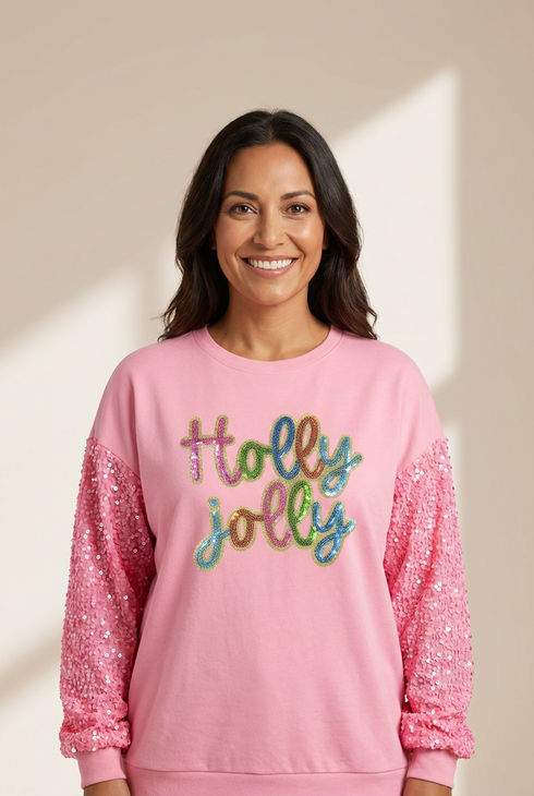 Women's Holly Jolly Pink Sequin Sleeve Holiday Sweatshirt