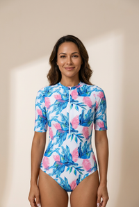 Women's Floral Print Zip Front Half Sleeve Beach One Piece Swimsuit