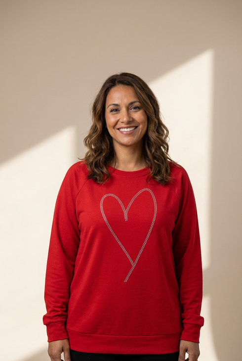 Women's Glamorous Red Heart Sparkle Long Sleeve Sweatshirt