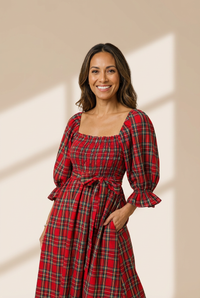 Women's Flattering Women's Red Tartan Midi Dress with Puff Sleeves, Square Neck, and Stylish Knot Waist Detail