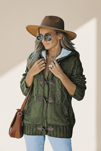 Women's Olive Green Cable Knit Sherpa-Lined Hooded Duffle Coat made for easy styling and wardrobe coordination, with premium-like structure and