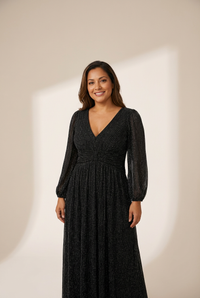 Women's Midnight Black Metallic A-Line Gown with Lantern Sleeves
