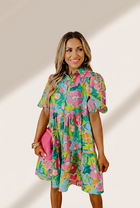 Women's Green Floral Puff Sleeve Buttoned Babydoll Dress with Southern Belle Style