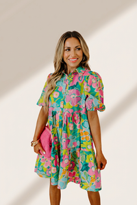 Women's Green Floral Puff Sleeve Buttoned Babydoll Dress with Southern Belle Style