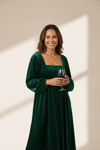 Women's Emerald Green Ribbed Velvet Square Neck Babydoll Dress