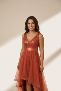 Women's Rust V-Neck Sequin Tulle High-Low Formal Gown