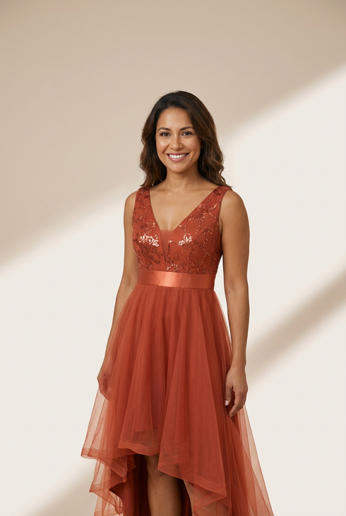 Women's Rust V-Neck Sequin Tulle High-Low Formal Gown in Gray