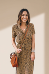 Women's Khaki Leopard Print Button-Down Midi Dress with Waist Tie