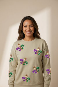Women's Shimmering Khaki Mardi Gras Sequin Graphic Crewneck Sweater
