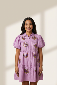 Women's Lavender Puff Sleeve Mini Dress with Crown Detail