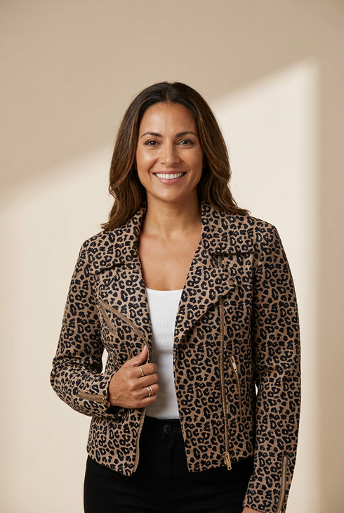Women's Leopard Print Moto Jacket in Jackets for polished occasion-to-casual wear