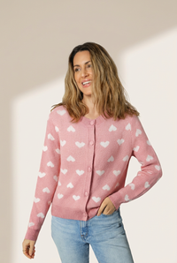 Women's Light Pink Heart Pattern Cardigan Sweater for Women - Cozy Button-Front Knit Layer for Casual Chic Style made for easy styling and wardrobe
