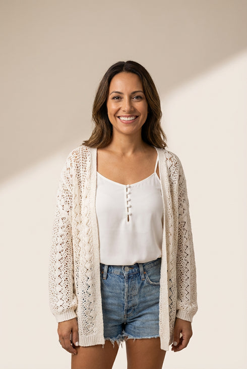 Women's Lightweight Ivory Crochet Open-Front Cardigan made for easy styling and wardrobe coordination, with premium-like structure and finish.