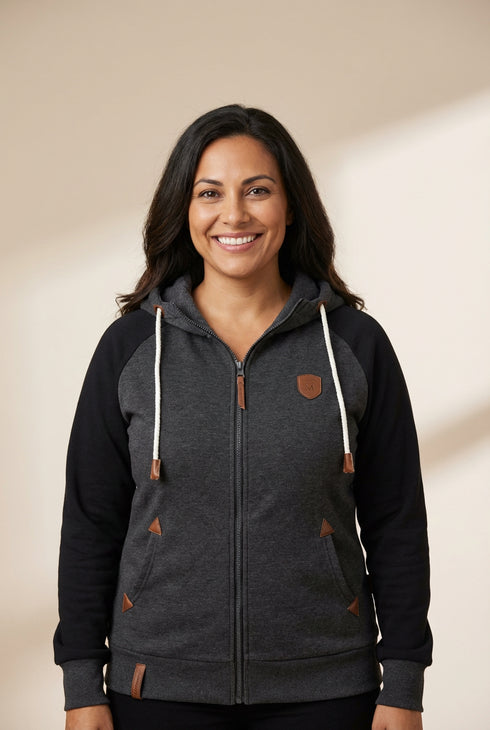 Women's Colorblock Raglan Zip-Up Hoodie with Vegan Leather Accents