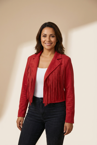 Women's Faux Suede Fringe Cropped Jacket with Notched Lapel