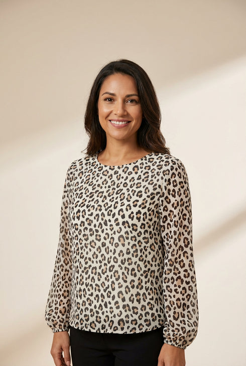 Women's Ivory Leopard Print Chiffon Blouse with Bishop Sleeves