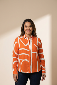 Women's Mandarin Orange Abstract Geometric Button-Down Blouse