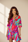 Women's Colorful Abstract Print V-Neck Dolman Sleeve Mini Dress with Ruffle Detail