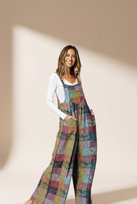 Women's Boho Chic Multicolor Checkered Wide Leg Jumpsuit