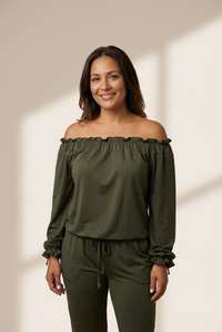 Elegant Off-shoulder Long Sleeve Jumpsuit with Drawstring Frill Hem with practical styling and dependable silhouette control.