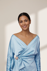Women's Off-Shoulder Satin Wrap Blouse with Brooch Detail