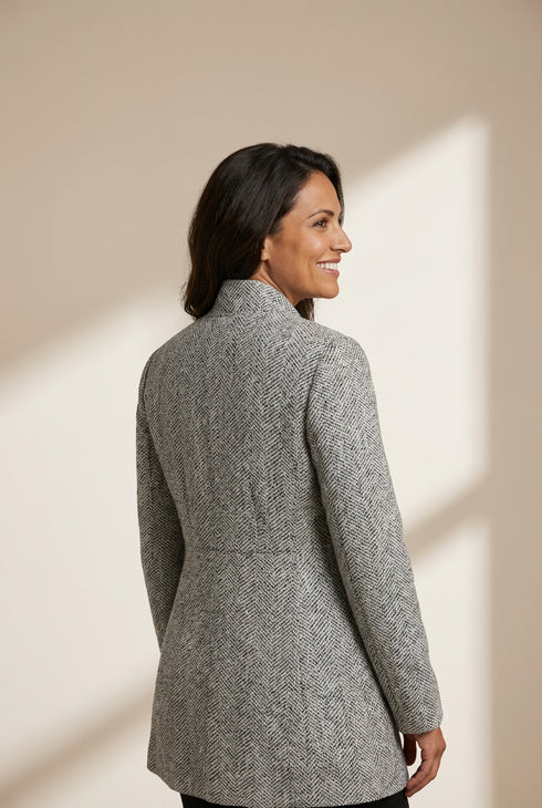 Women's Herringbone Tailored Open Front Blazer with Dual Pockets