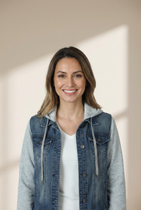 Women's Mixed-Media Hooded Denim Jacket with Rhinestone Drawstrings