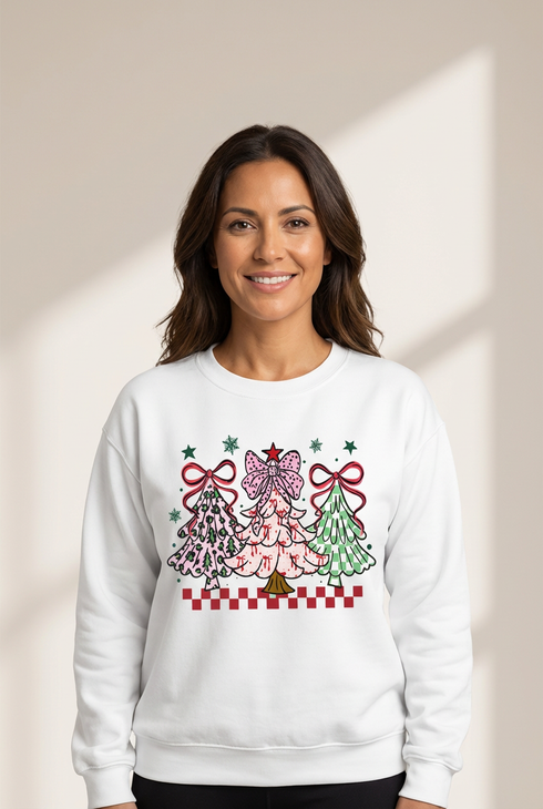 Women's White Bow Christmas Tree Graphic Sweatshirt