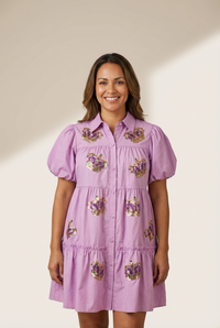 Women's Mardi Gras Crown Sequin Tiered Bubble Sleeve Shirt Dress