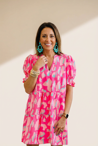 Women's Pink Abstract Leopard Tiered Shift Dress