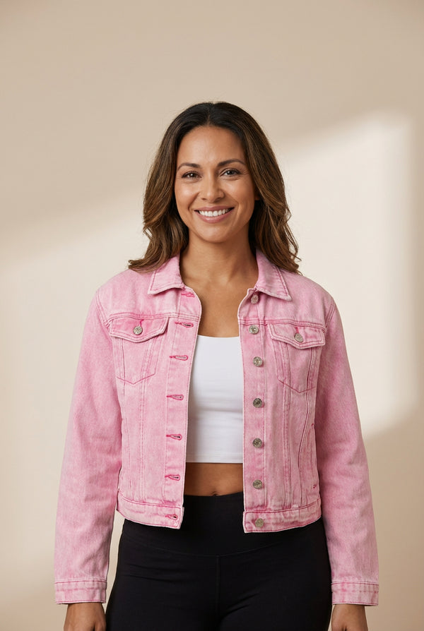 Women's Pink Acid Wash Denim Jean Jacket