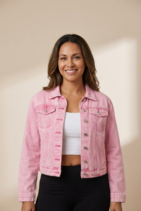 Women's Pink Acid Wash Button Flap Pocket Denim Jacket